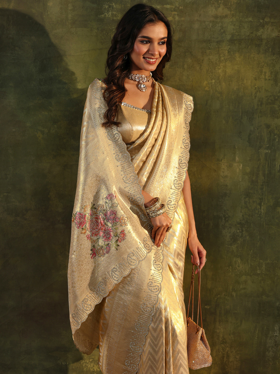 Gold Floral Embellished Silk Saree With Unstitched Blouse Piece