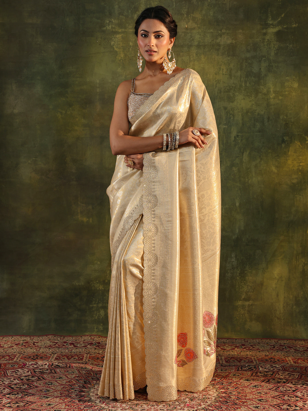  Gold Floral Embellished Silk Saree With Unstitched Blouse Piece 