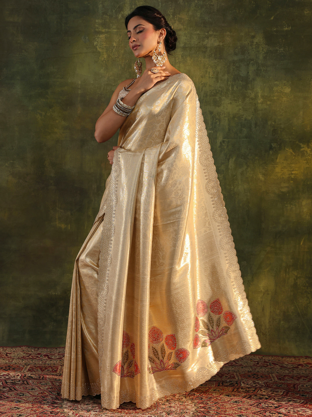  Gold Floral Embellished Silk Saree With Unstitched Blouse Piece 