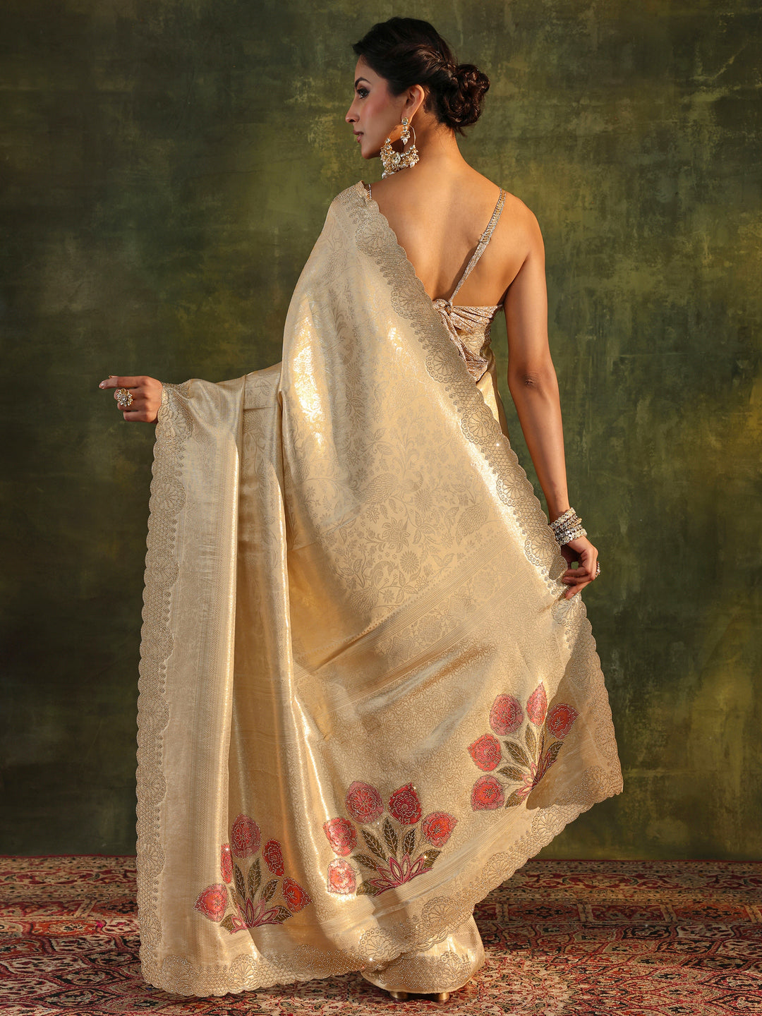  Gold Floral Embellished Silk Saree With Unstitched Blouse Piece 