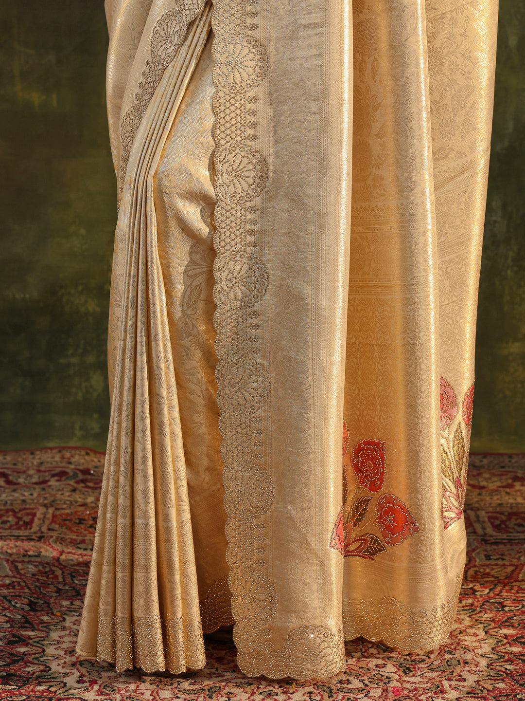  Gold Floral Embellished Silk Saree With Unstitched Blouse Piece 
