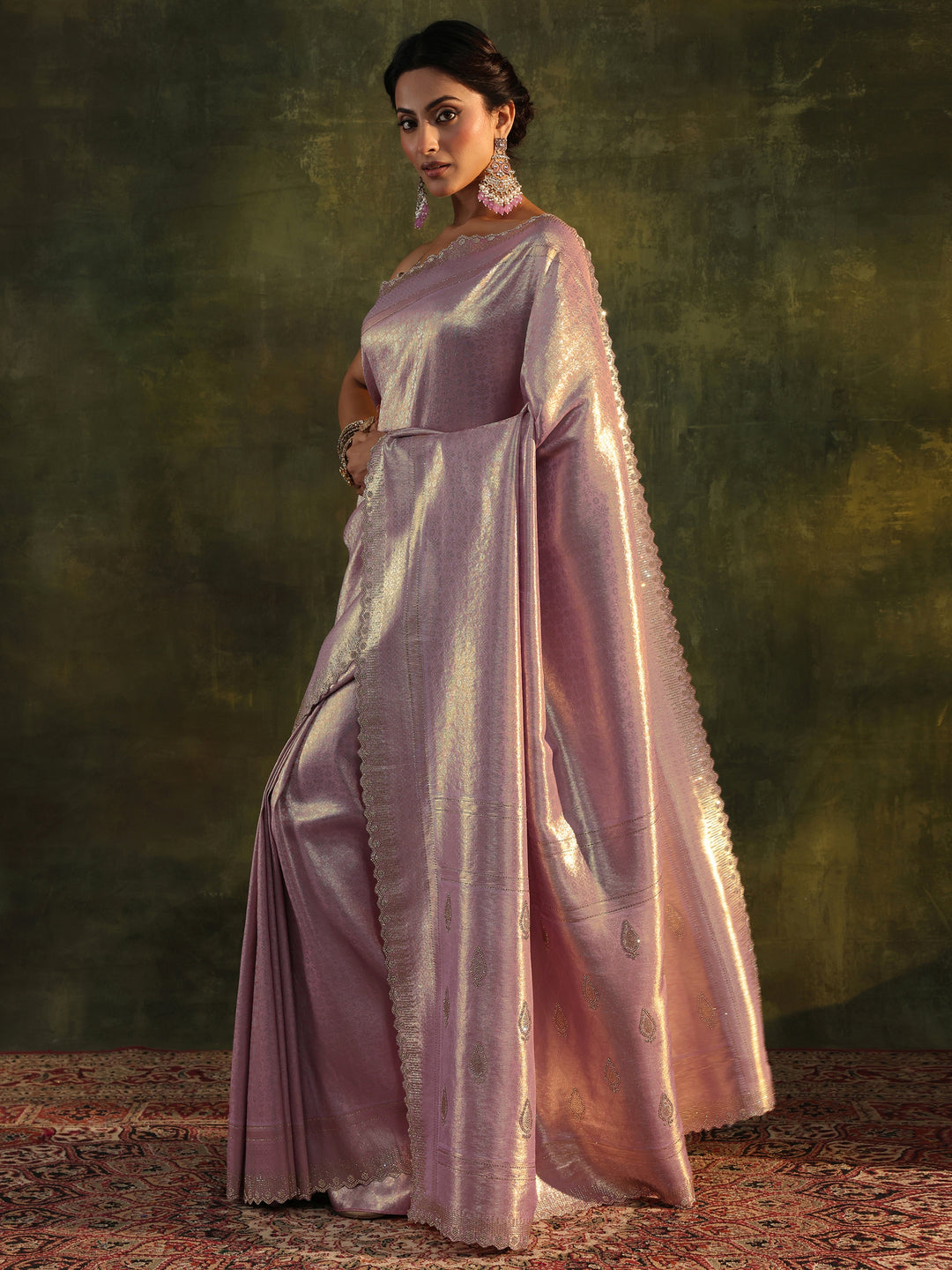  Lavender Embellished Silk Saree With Unstitched Blouse Piece 