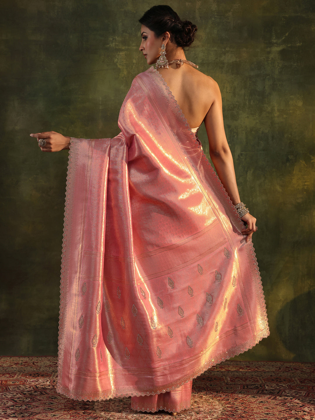  Peach Embellished Silk Saree With Unstitched Blouse Piece 