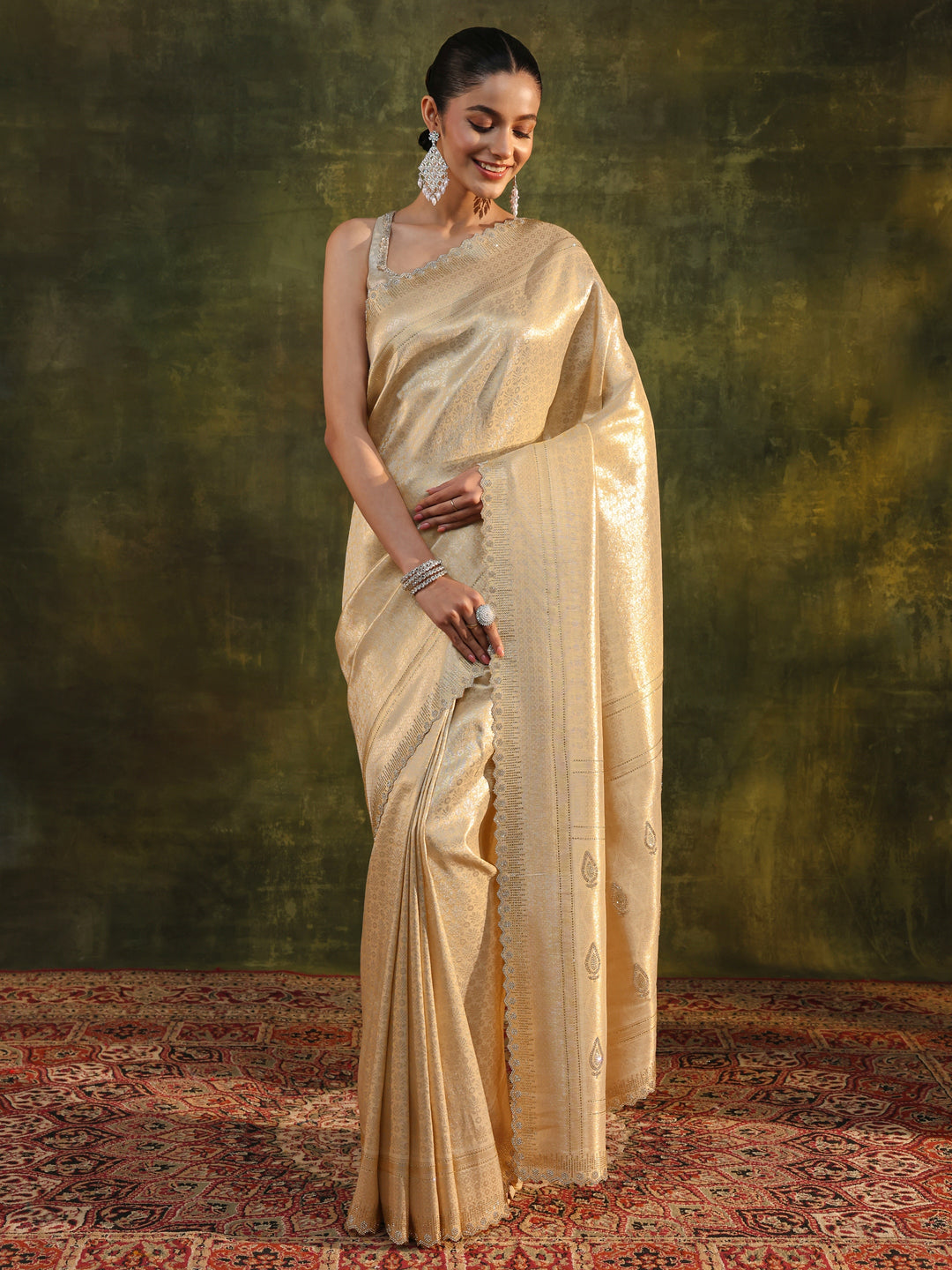  Gold Ethnic Embellished Silk Saree With Unstitched Blouse Piece 