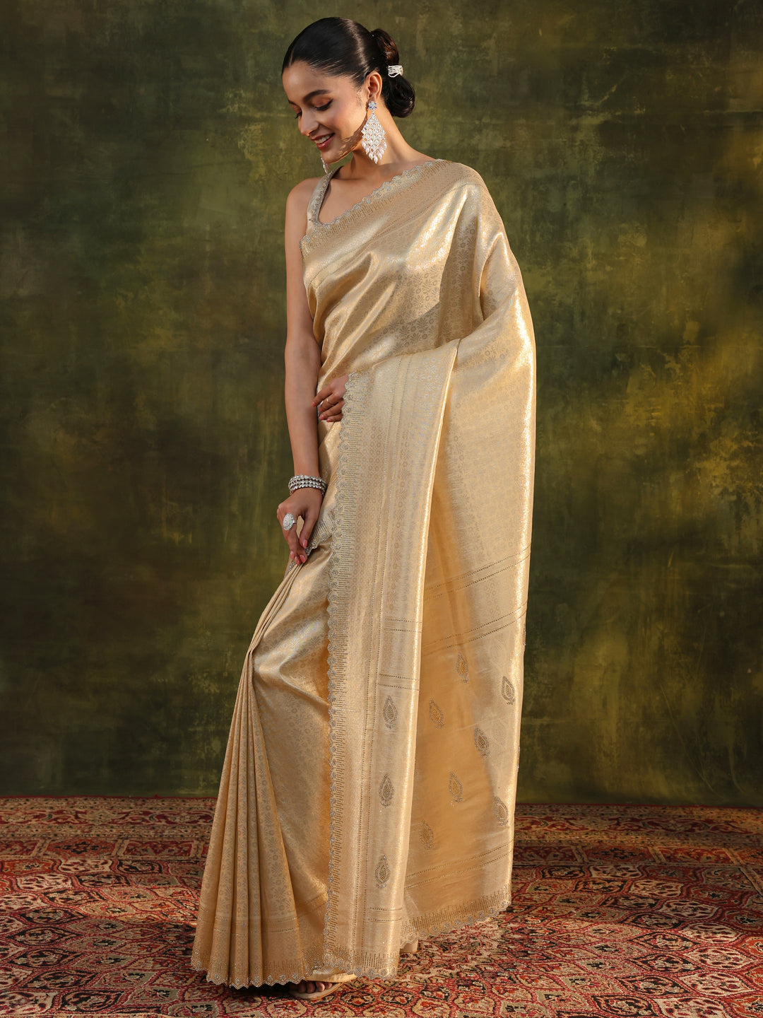 Gold Ethnic Embellished Silk Saree With Unstitched Blouse Piece 