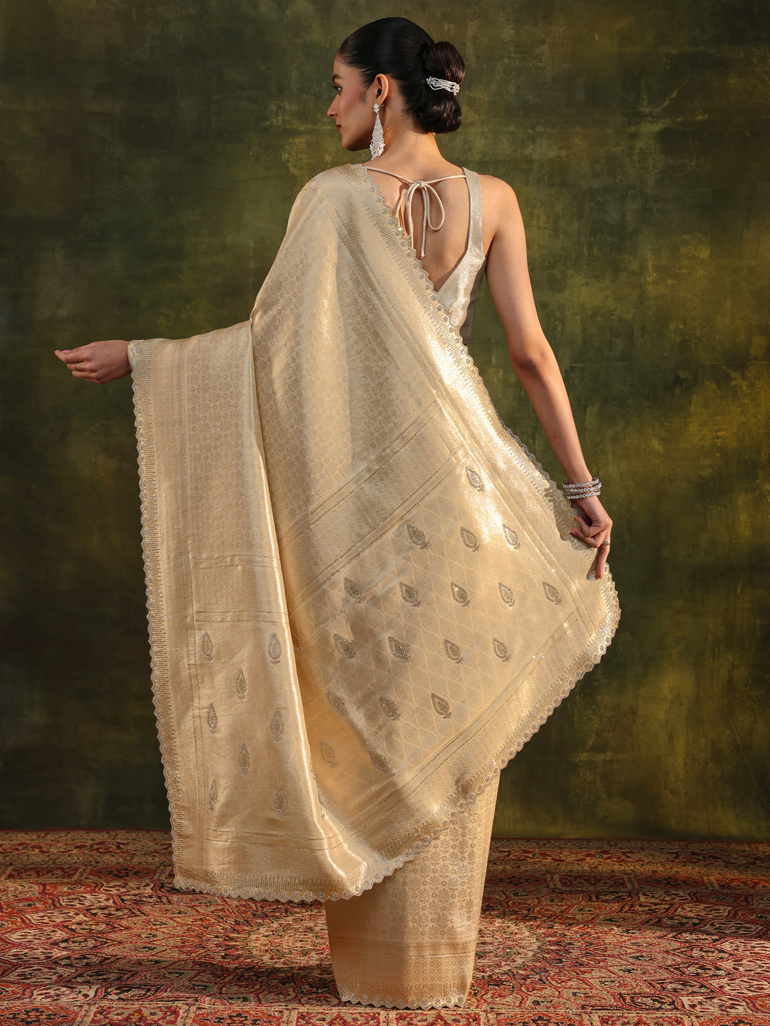  Gold Ethnic Embellished Silk Saree With Unstitched Blouse Piece 