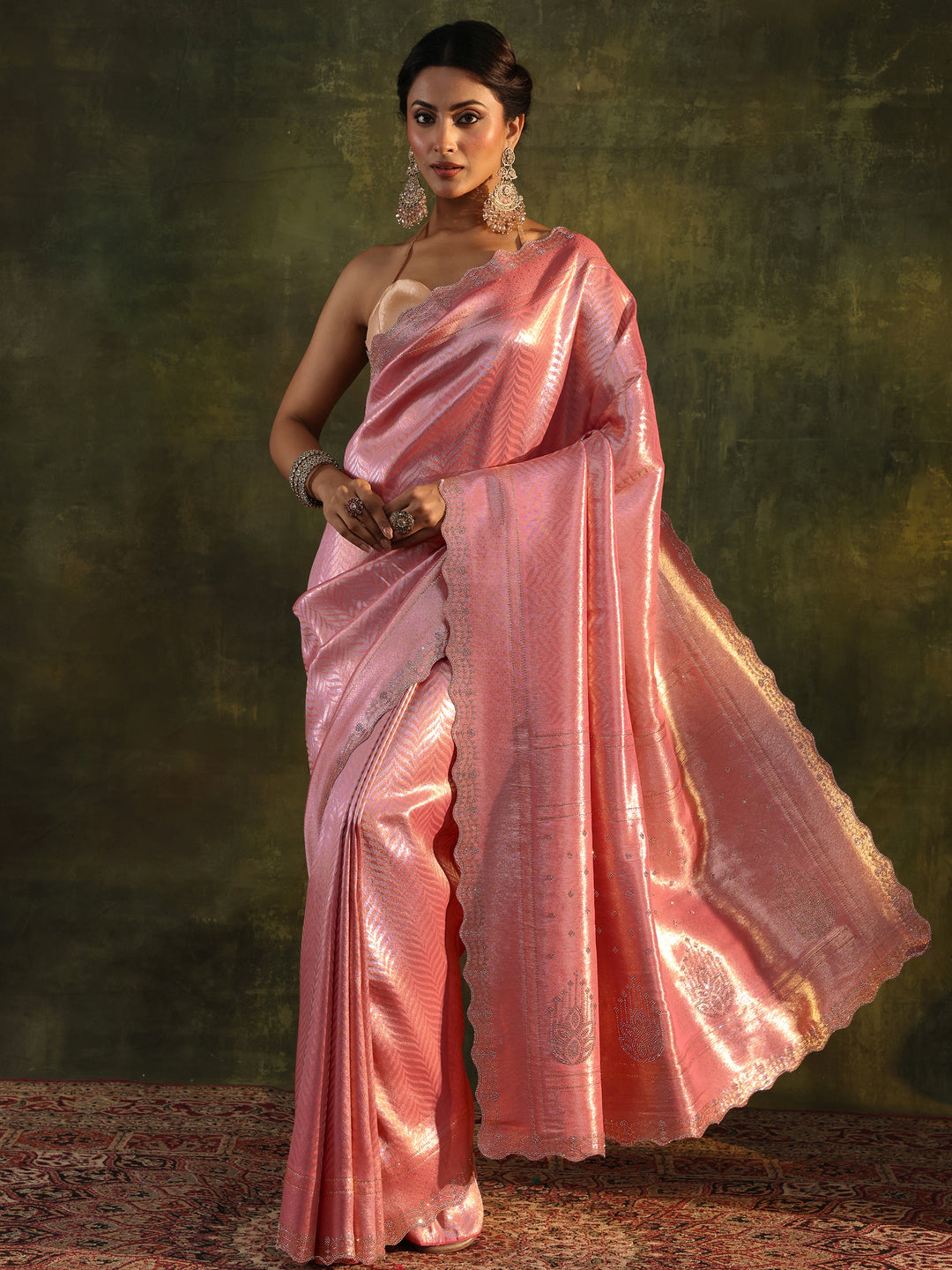  Peach Embellished Silk Saree With Unstitched Blouse Piece 