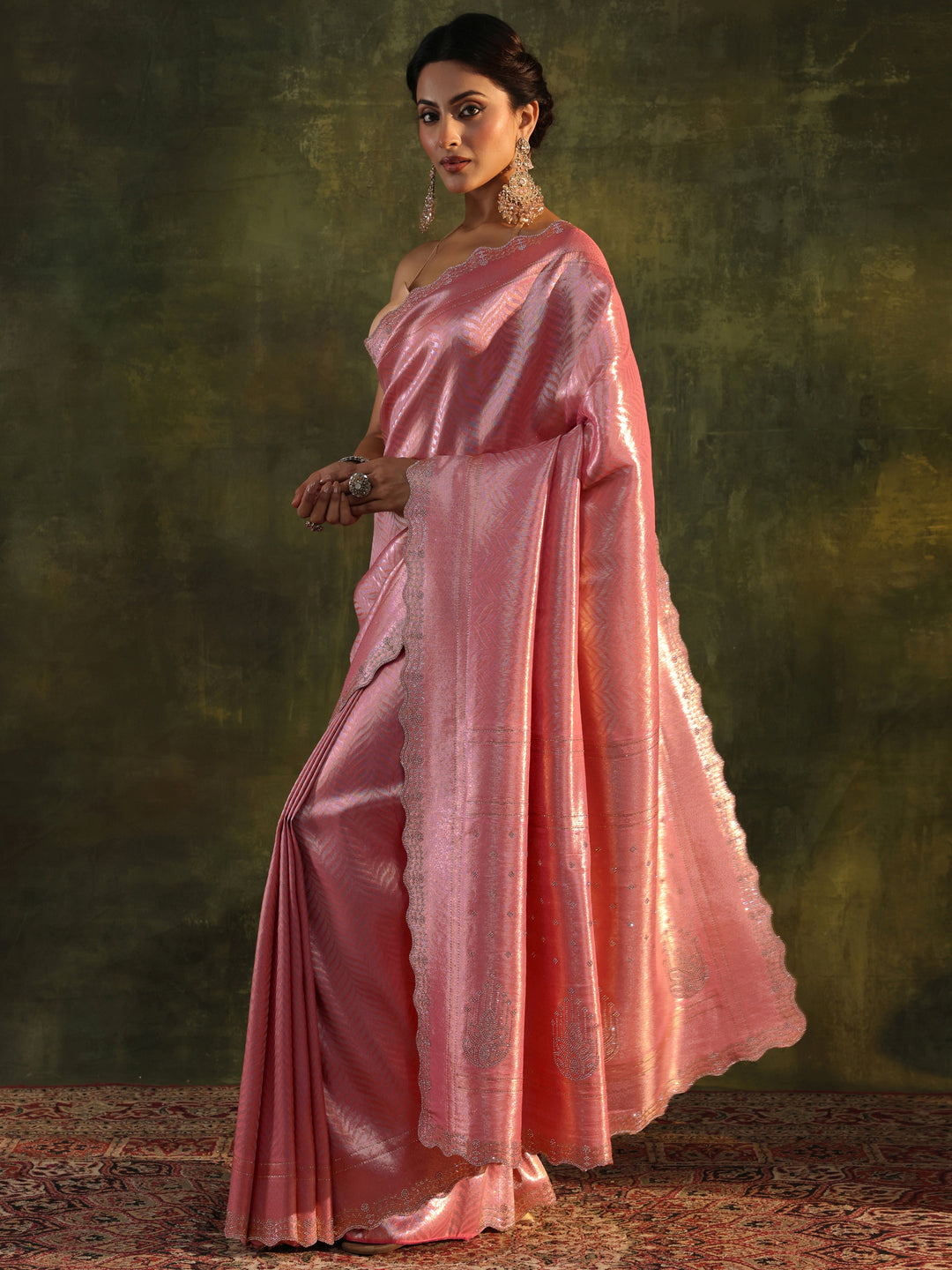  Peach Embellished Silk Saree With Unstitched Blouse Piece 