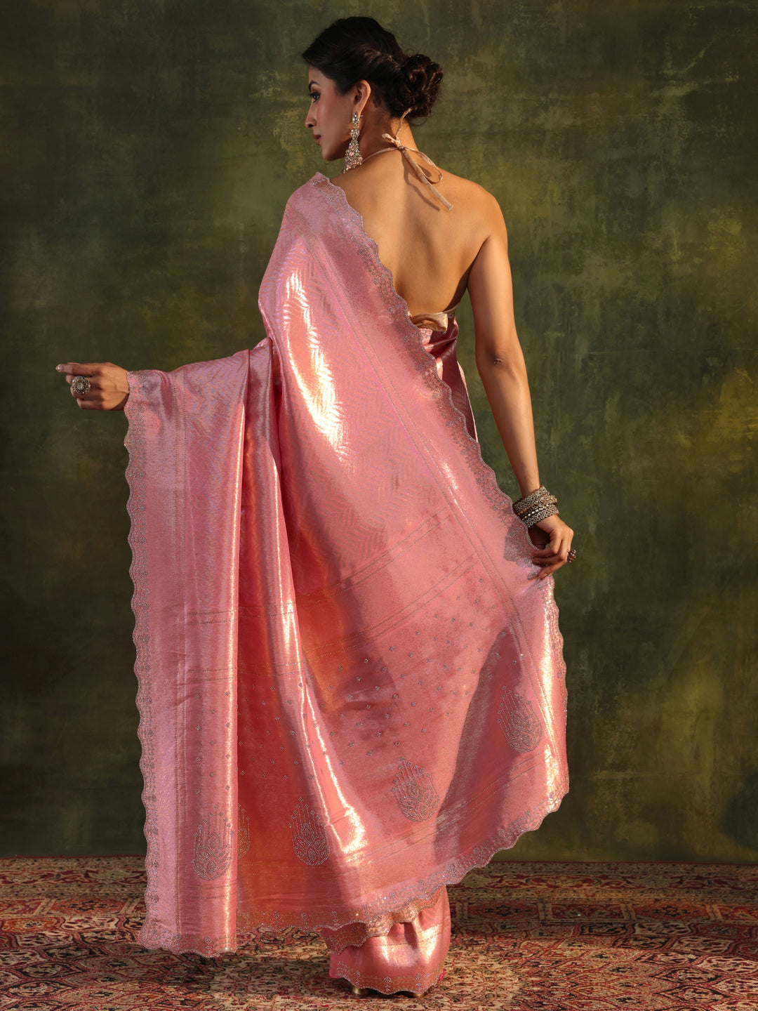  Peach Embellished Silk Saree With Unstitched Blouse Piece 