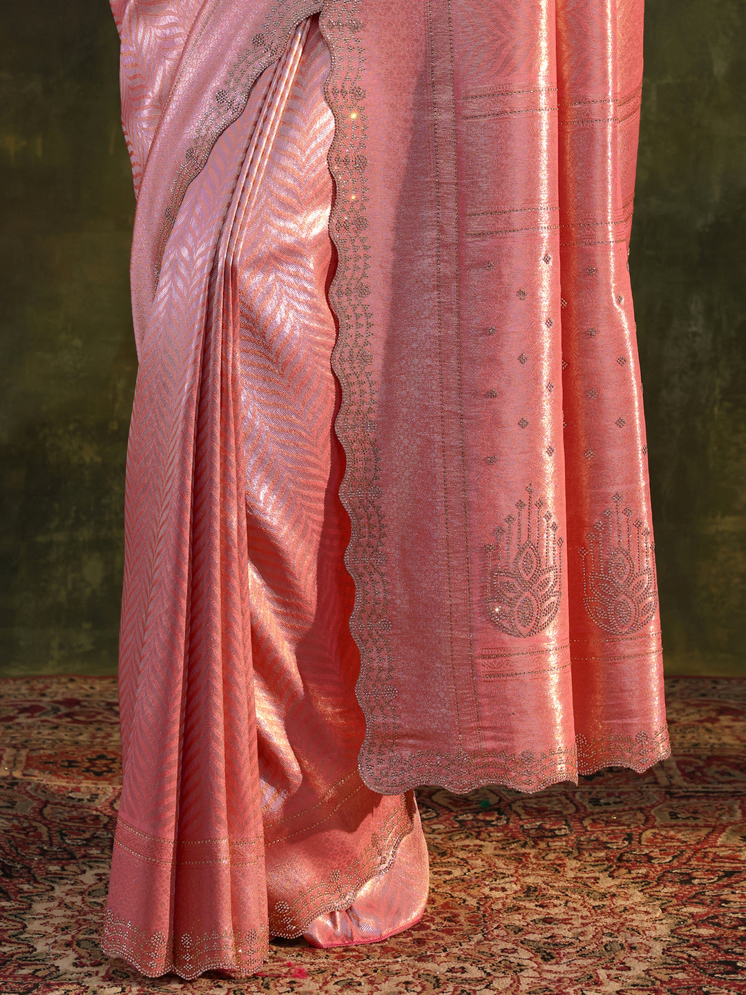  Peach Embellished Silk Saree With Unstitched Blouse Piece 