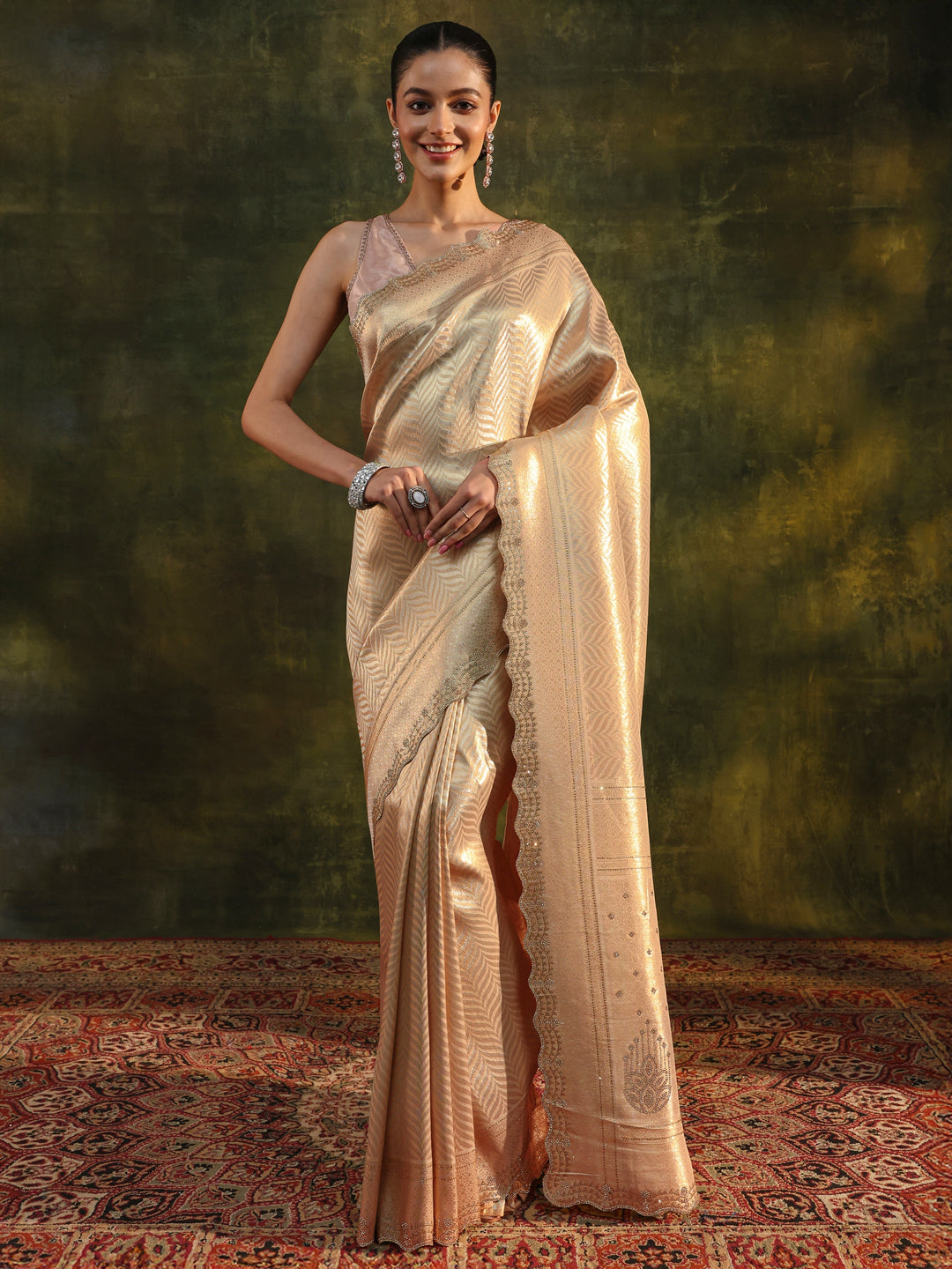  Gold Chevron Embellished Silk Saree With Unstitched Blouse Piece 