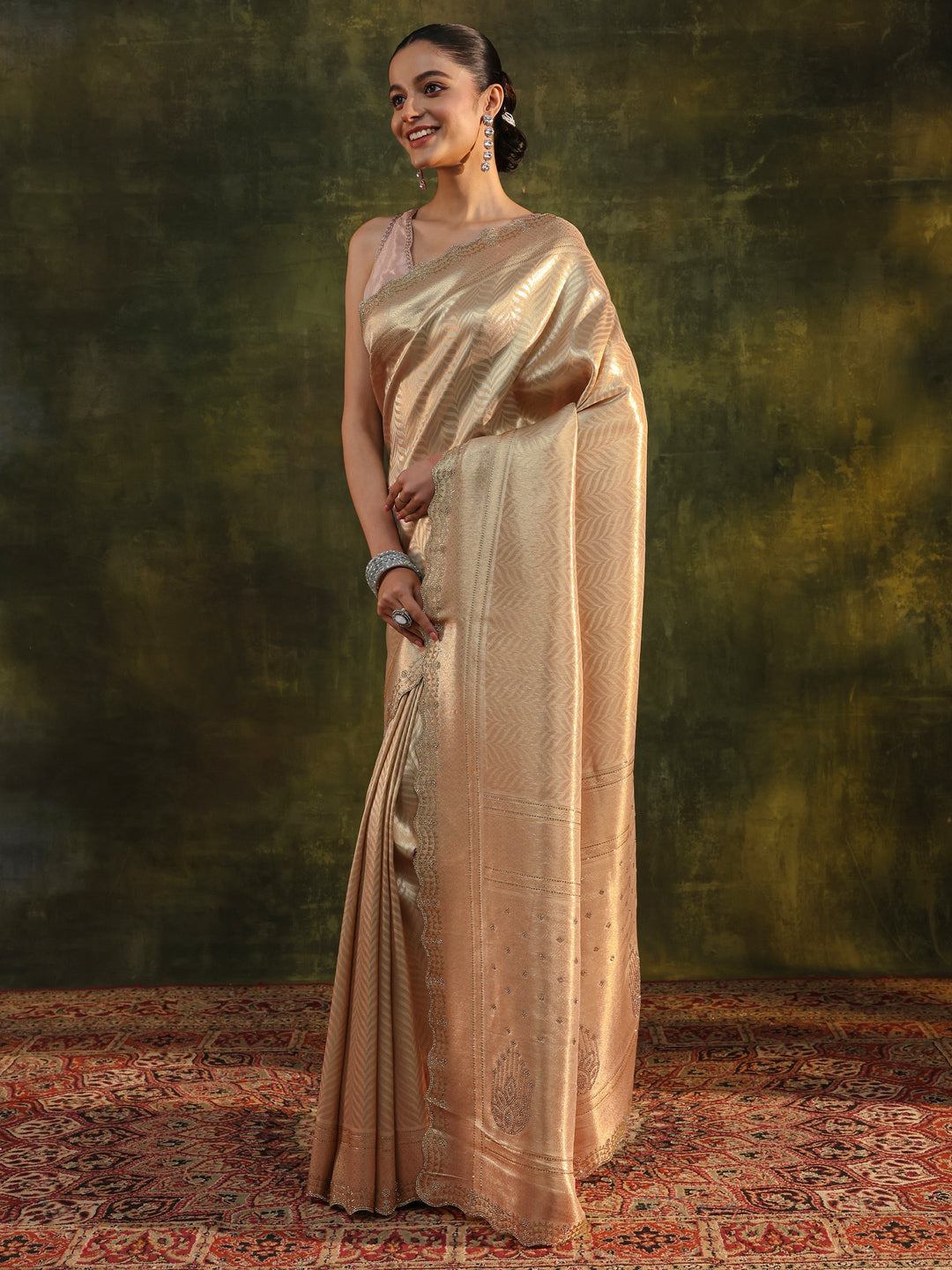  Gold Chevron Embellished Silk Saree With Unstitched Blouse Piece 