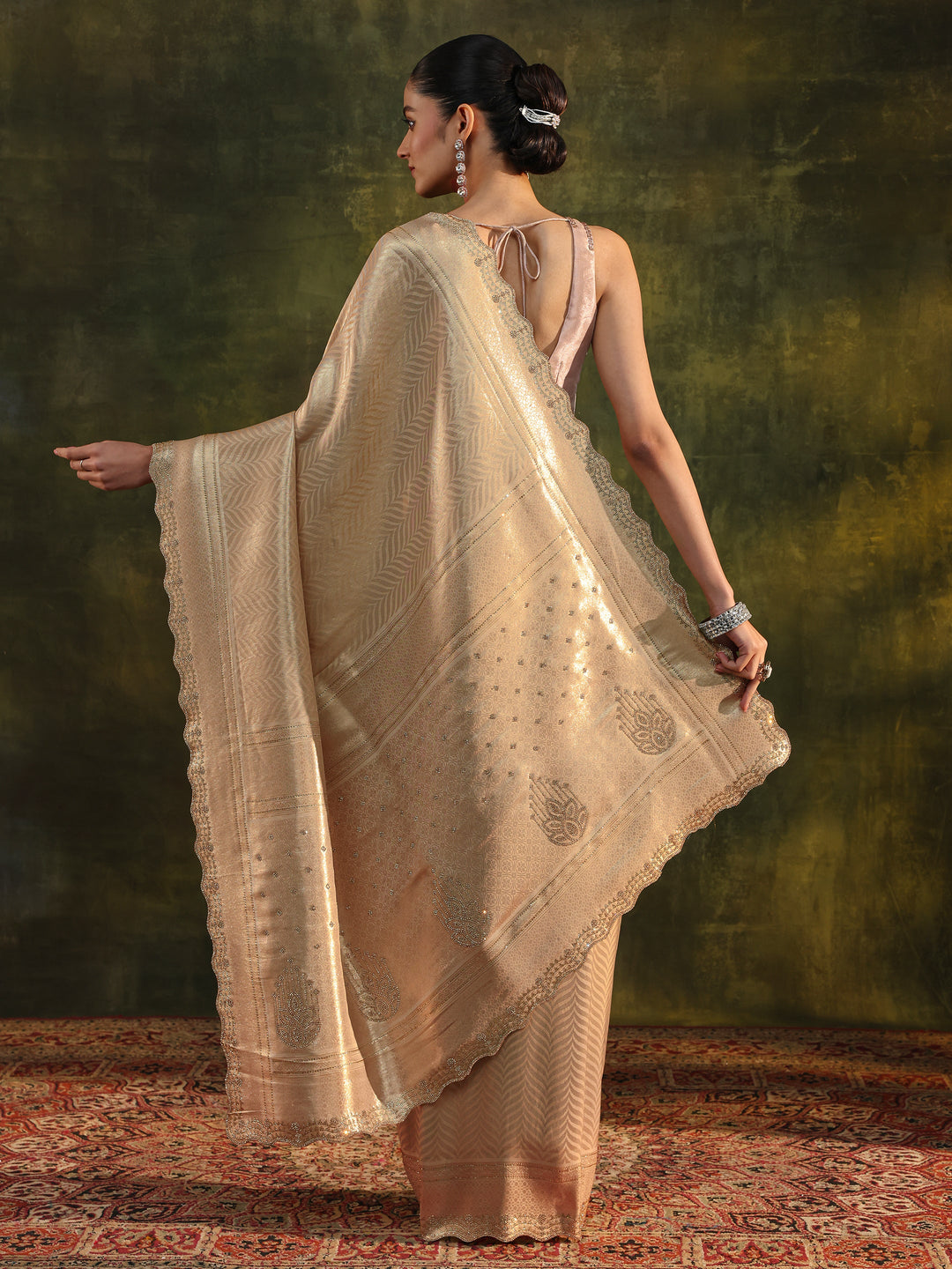  Gold Chevron Embellished Silk Saree With Unstitched Blouse Piece 