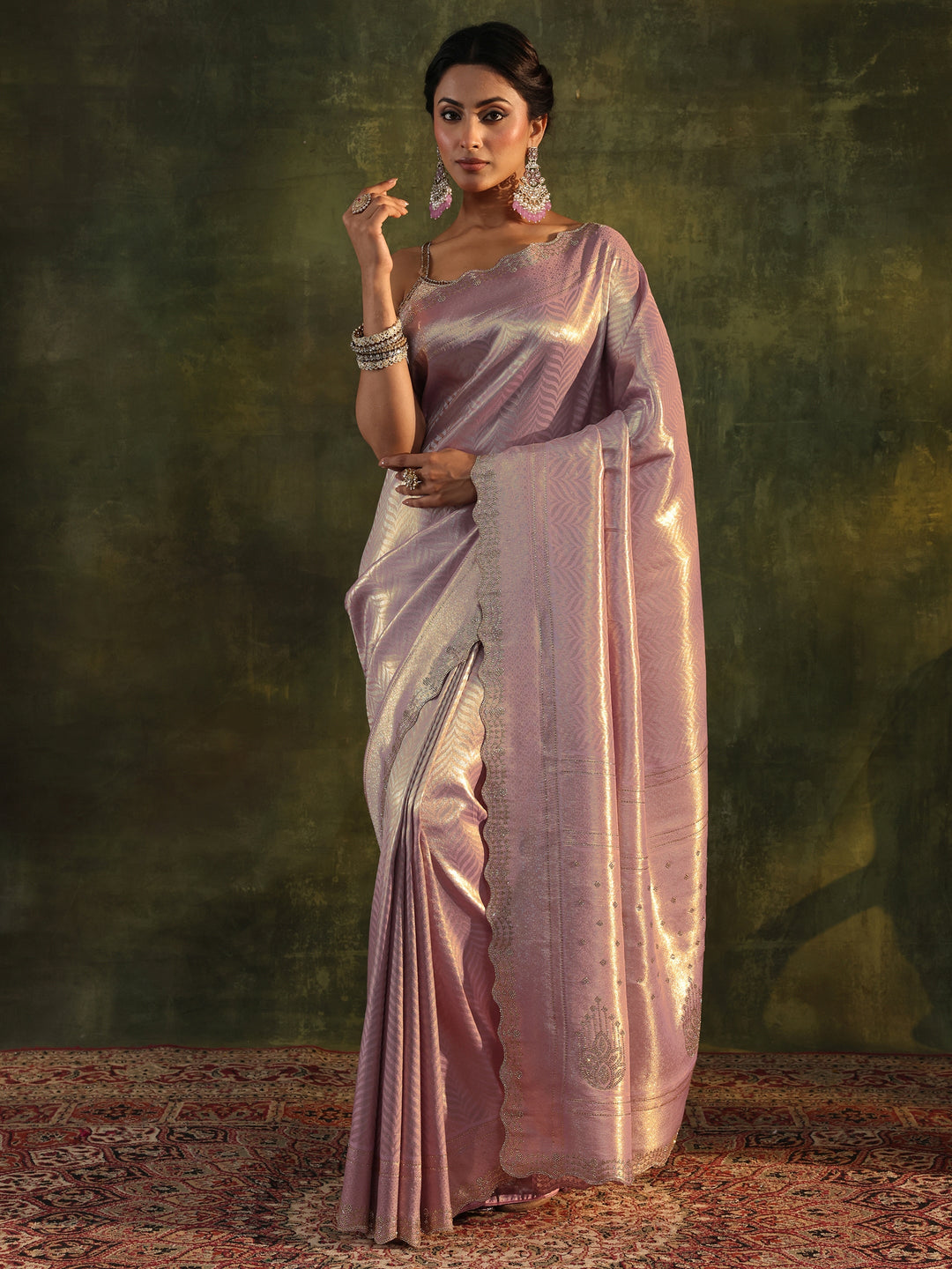  Lavender Embellished Silk Saree With Unstitched Blouse Piece 