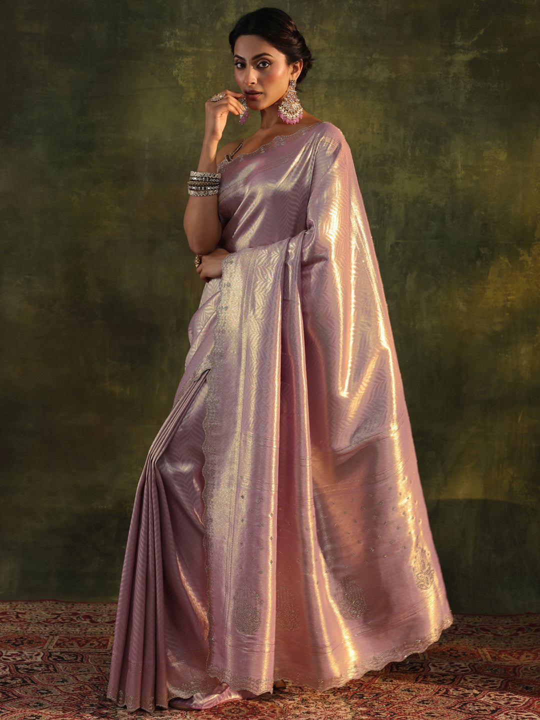  Lavender Embellished Silk Saree With Unstitched Blouse Piece 