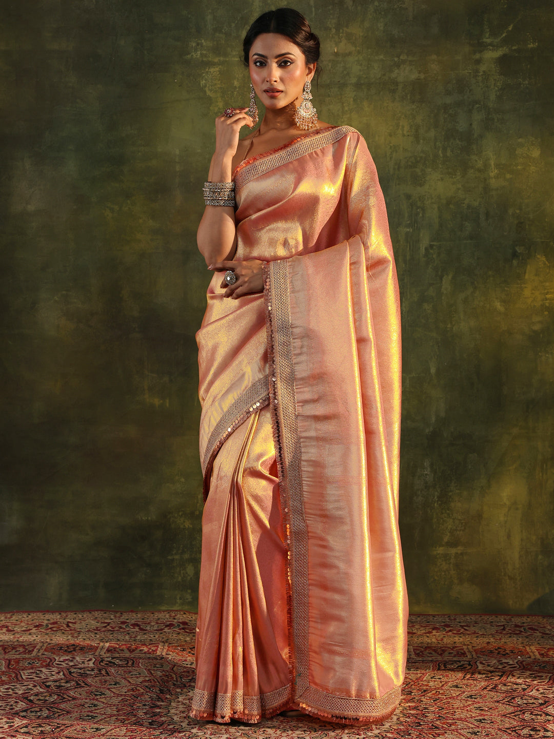  Peach Silk Blend Saree With Unstitched Blouse Piece 