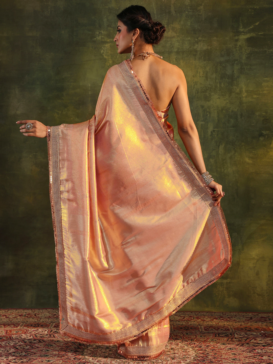  Peach Silk Blend Saree With Unstitched Blouse Piece 