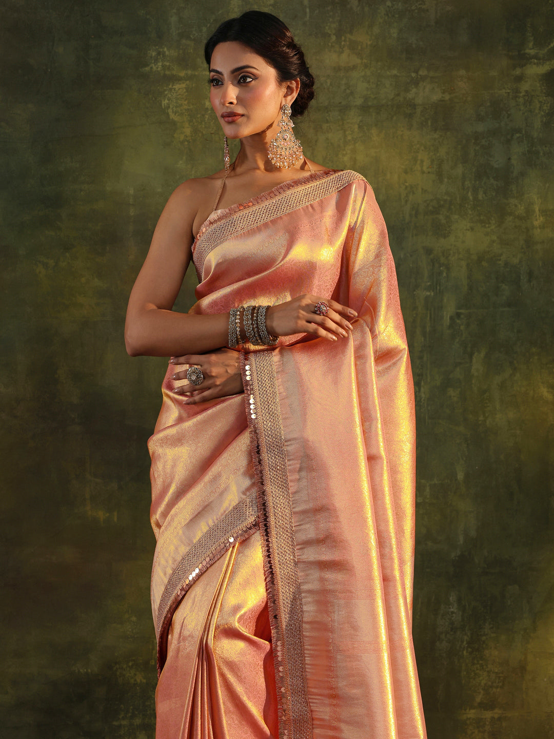  Peach Silk Blend Saree With Unstitched Blouse Piece 