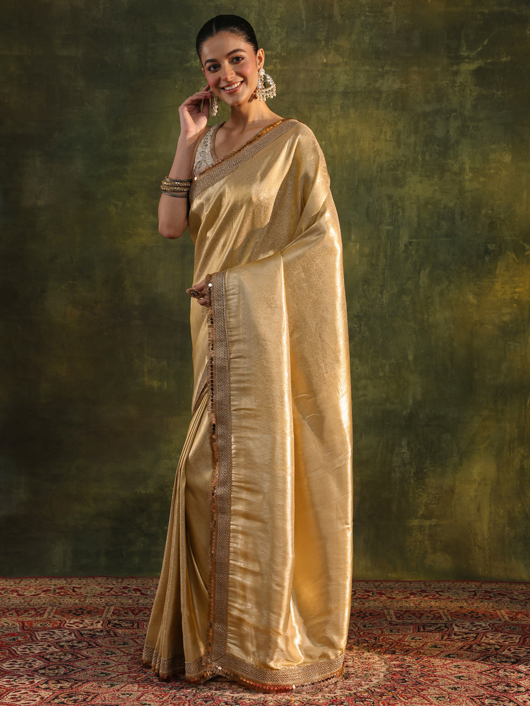  Gold Woven Design Silk Blend Saree With Unstitched Blouse Piece 