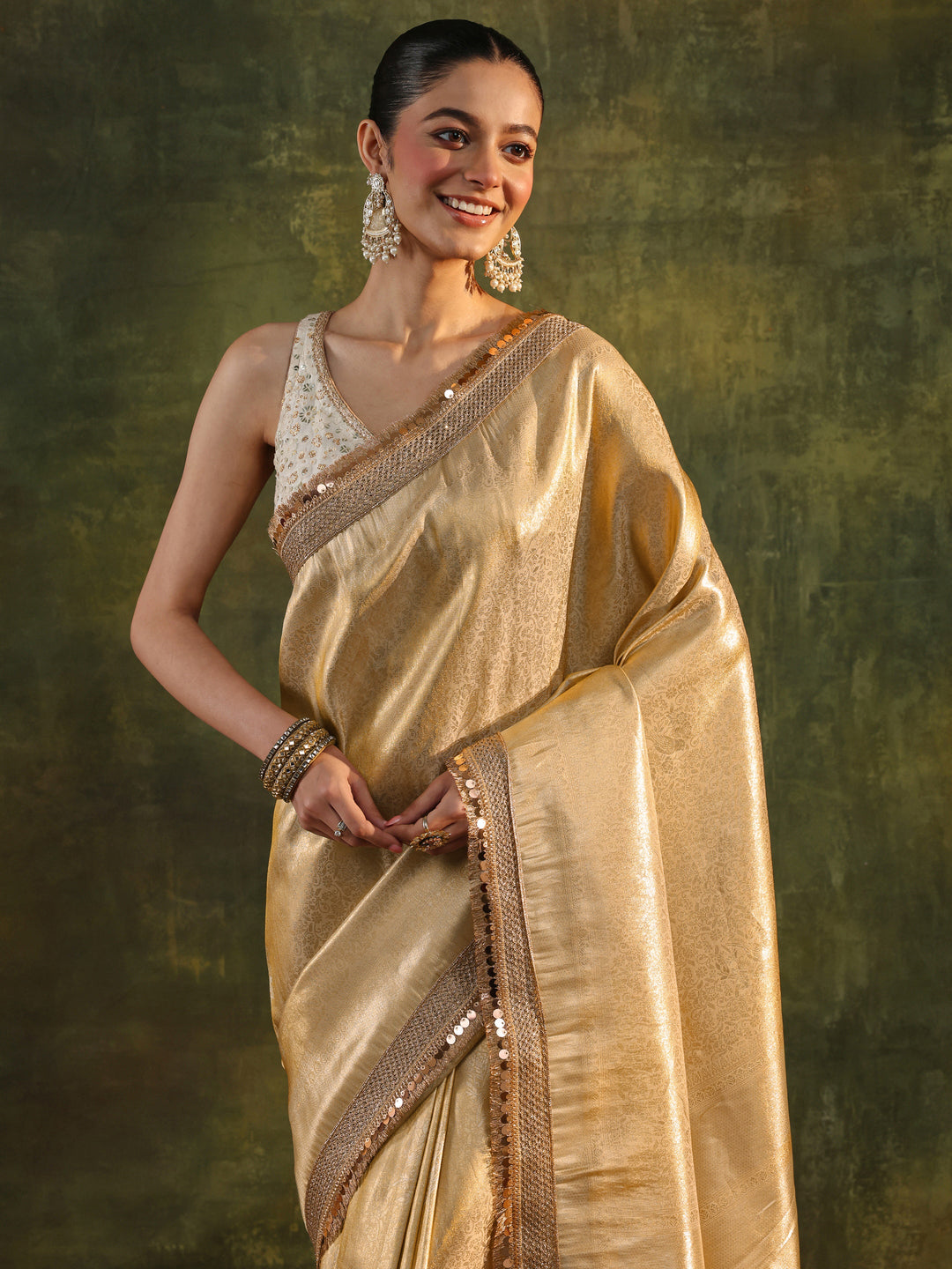  Gold Woven Design Silk Blend Saree With Unstitched Blouse Piece 