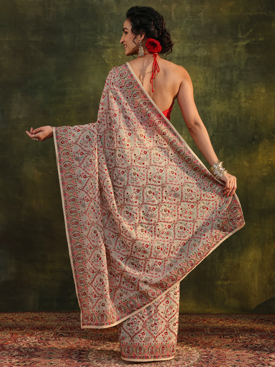  Libas Art Off White Jamawar Embroidered Georgette Saree With Unstitched Blouse Piece 