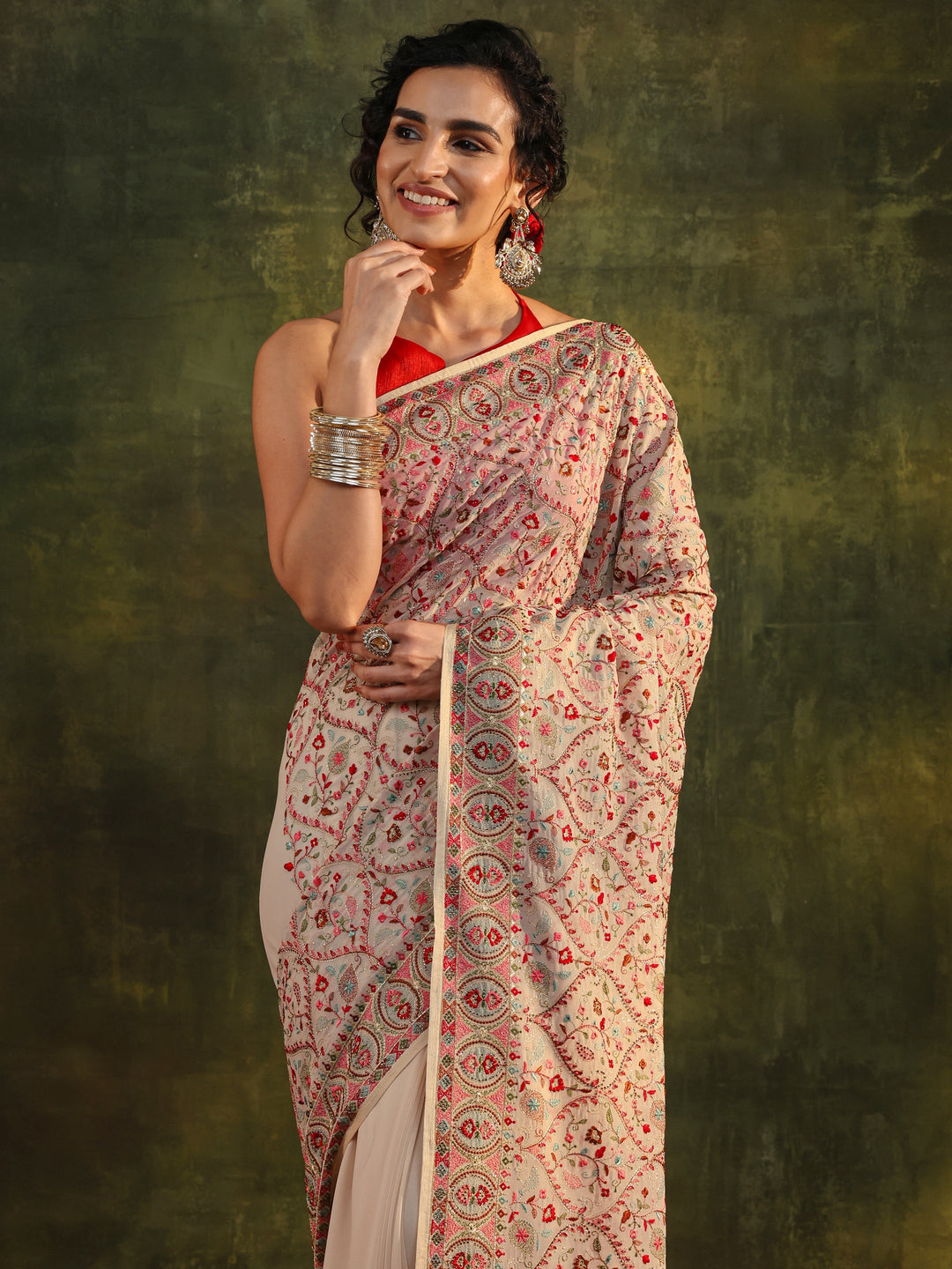  Libas Art Off White Jamawar Embroidered Georgette Saree With Unstitched Blouse Piece 