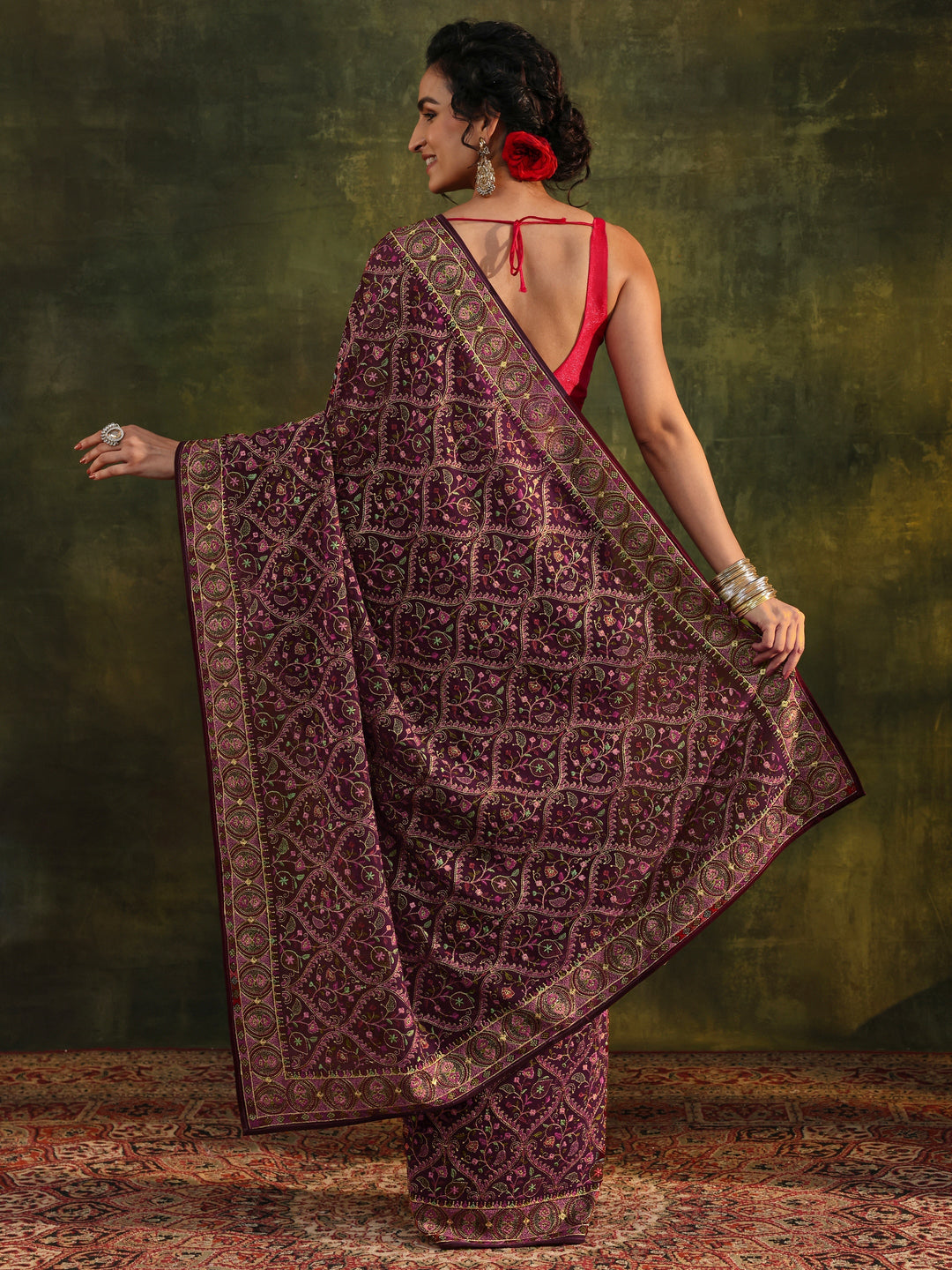  Libas Art Burgundy Jamawar Embroidered Georgette Saree With Unstitched Blouse Piece 