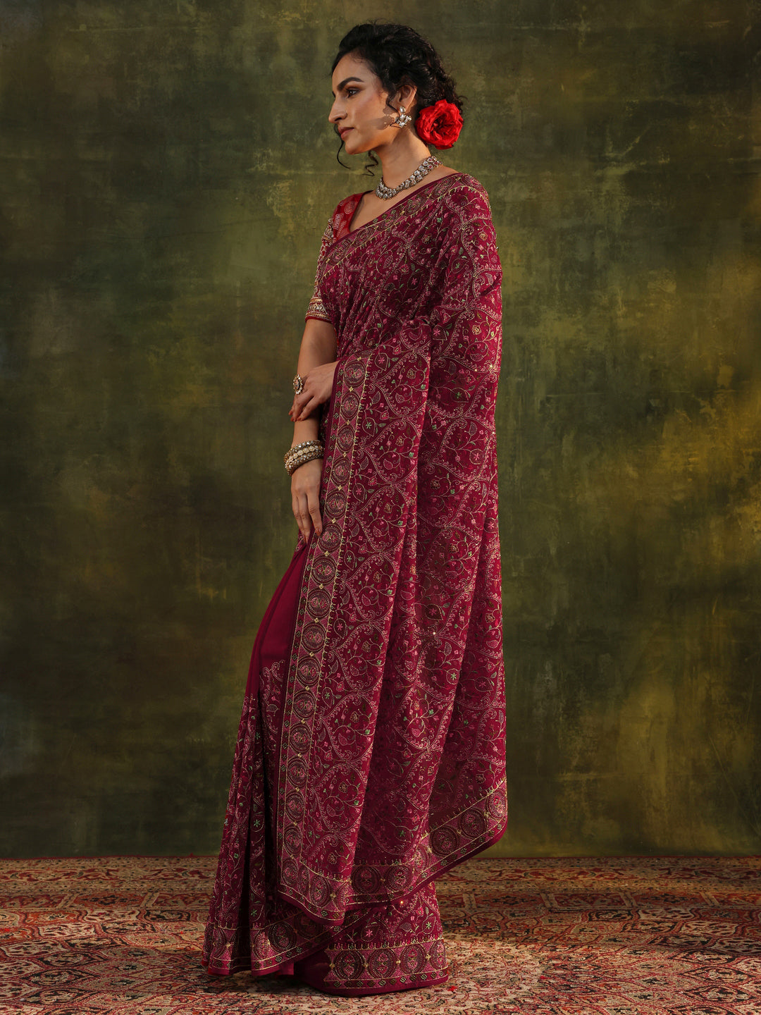  Libas Art Red Jamawar Embroidered Georgette Saree With Unstitched Blouse Piece 
