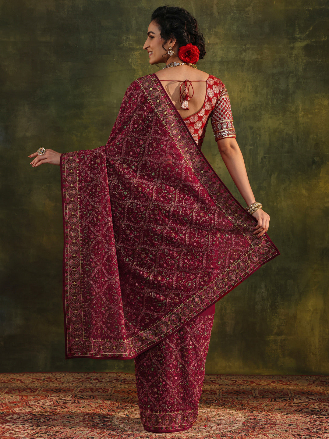  Libas Art Red Jamawar Embroidered Georgette Saree With Unstitched Blouse Piece 