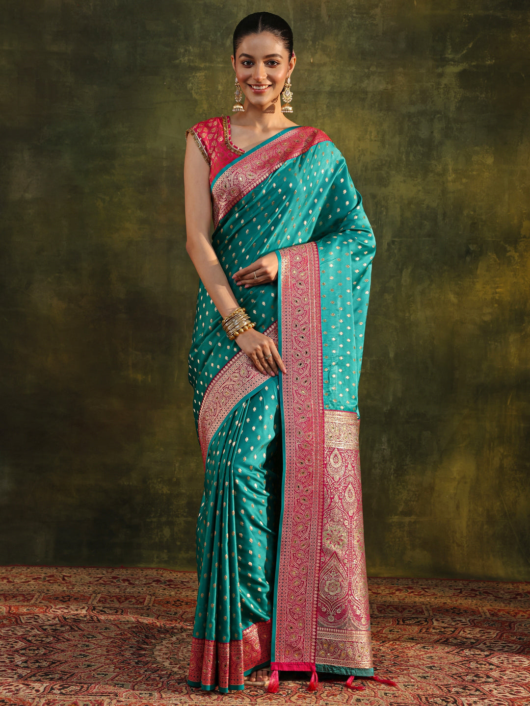  Green Ethnic Woven Design Silk Blend Saree With Unstitched Blouse Piece 