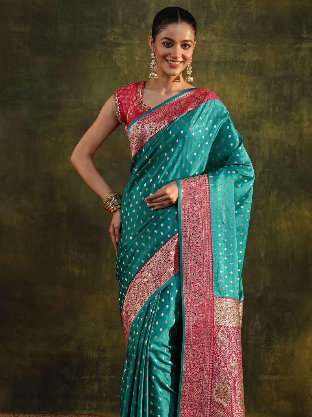  Green Ethnic Woven Design Silk Blend Saree With Unstitched Blouse Piece 