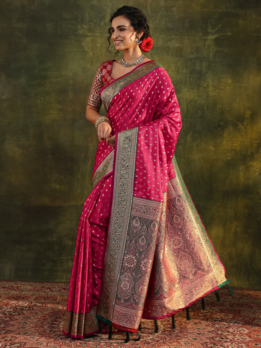  Pink Woven Design Silk Blend Banarasi Saree With Unstitched Blouse Piece 