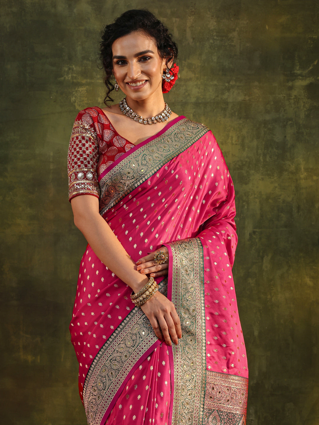  Pink Woven Design Silk Blend Banarasi Saree With Unstitched Blouse Piece 