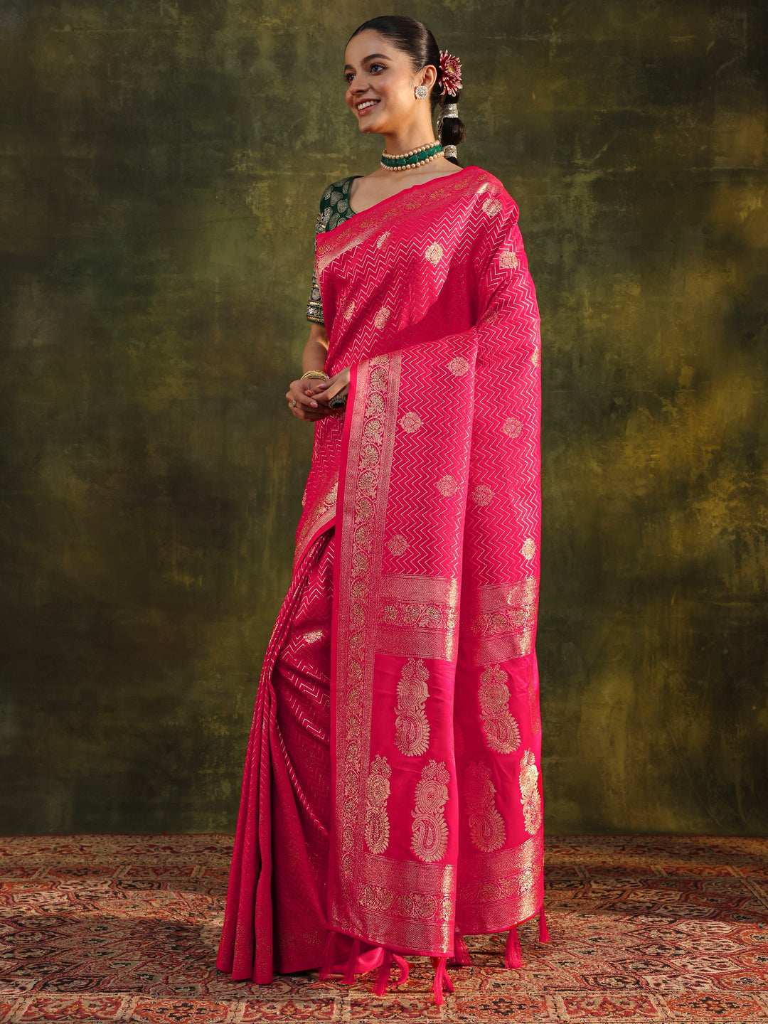  Pink Woven Design Silk Blend Banarasi Saree With Unstitched Blouse Piece 