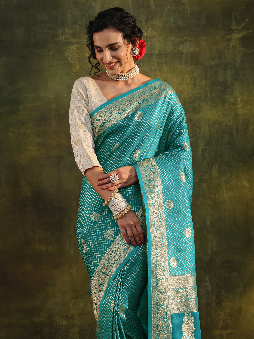  Blue Woven Design Silk Blend Banarasi Saree With Unstitched Blouse Piece 