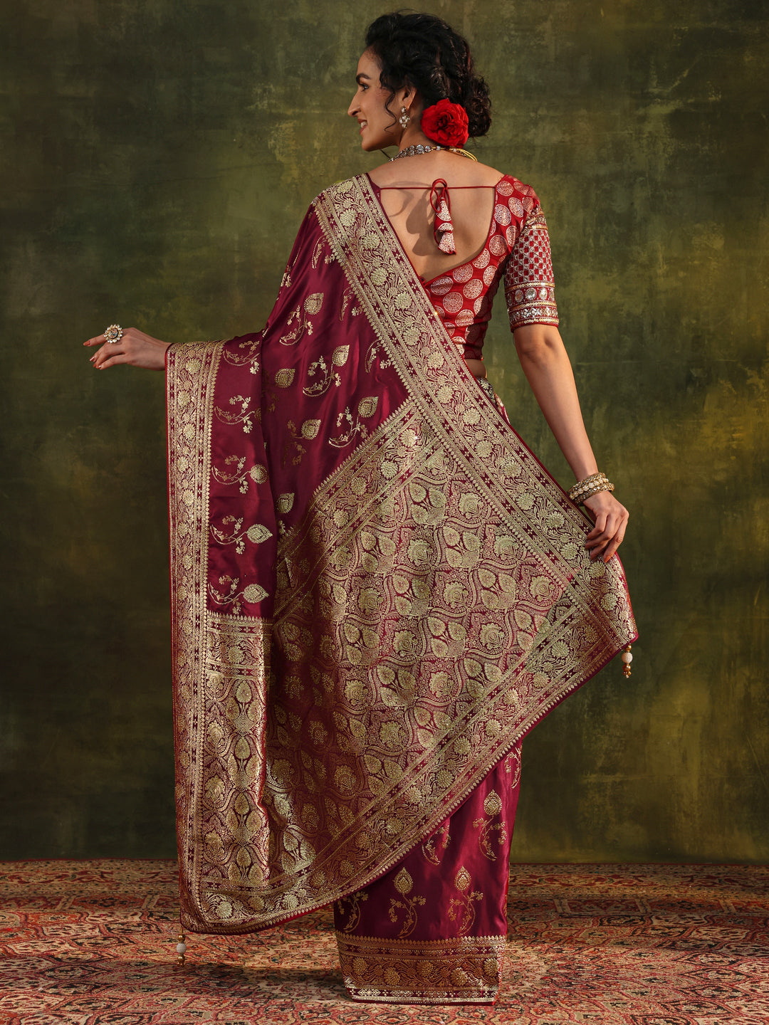  Libas Art Maroon Woven Design Silk Blend Banarasi Saree With Unstitched Blouse Piece 