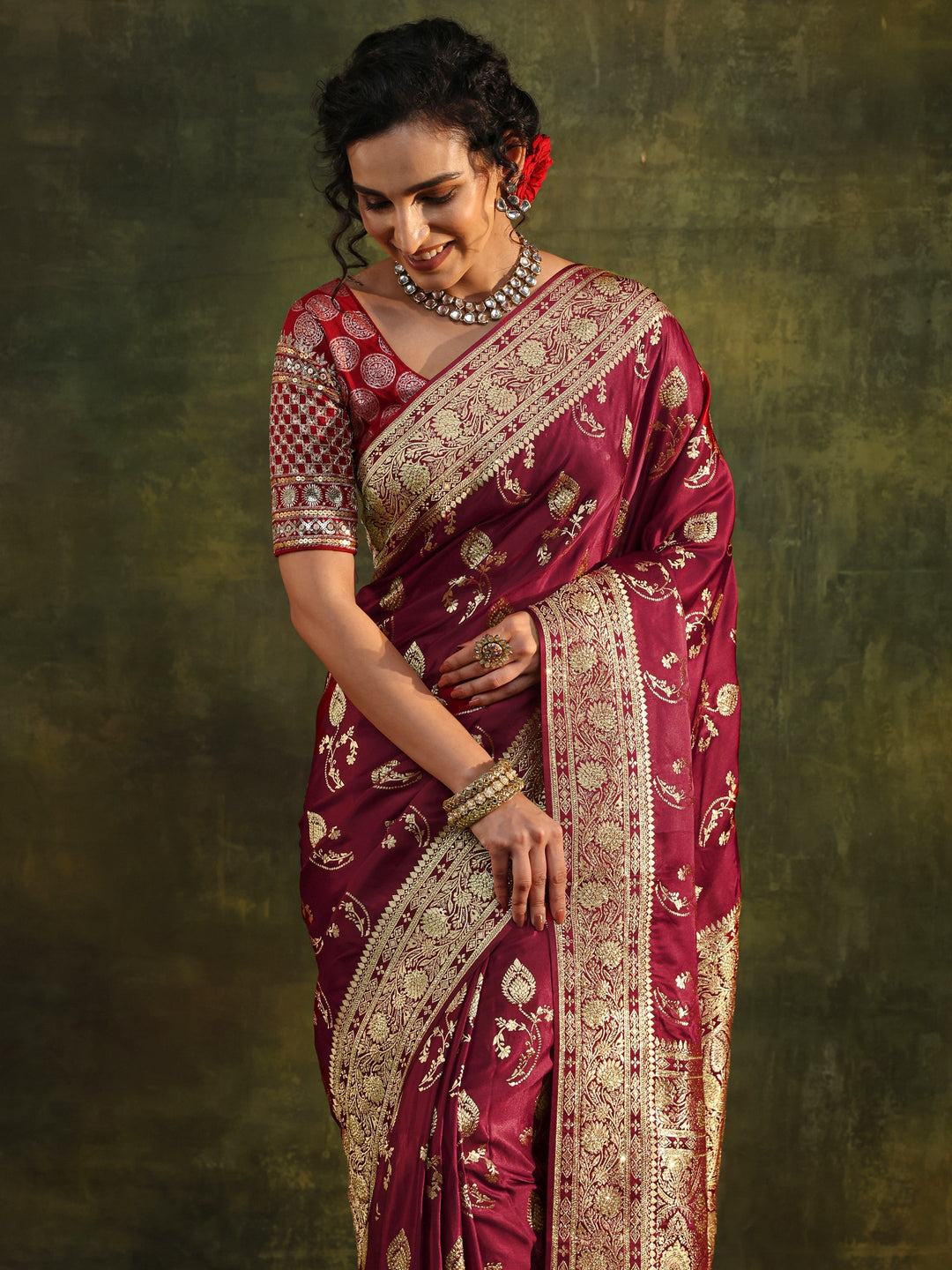  Libas Art Maroon Woven Design Silk Blend Banarasi Saree With Unstitched Blouse Piece 