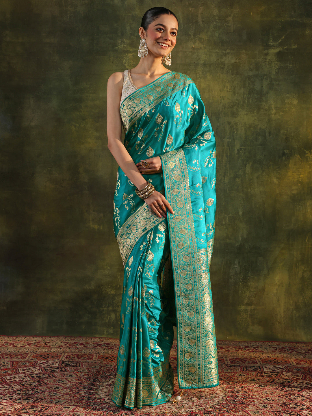  Libas Art Green Woven Design Satin Banarasi Saree With Unstitched Blouse Piece 