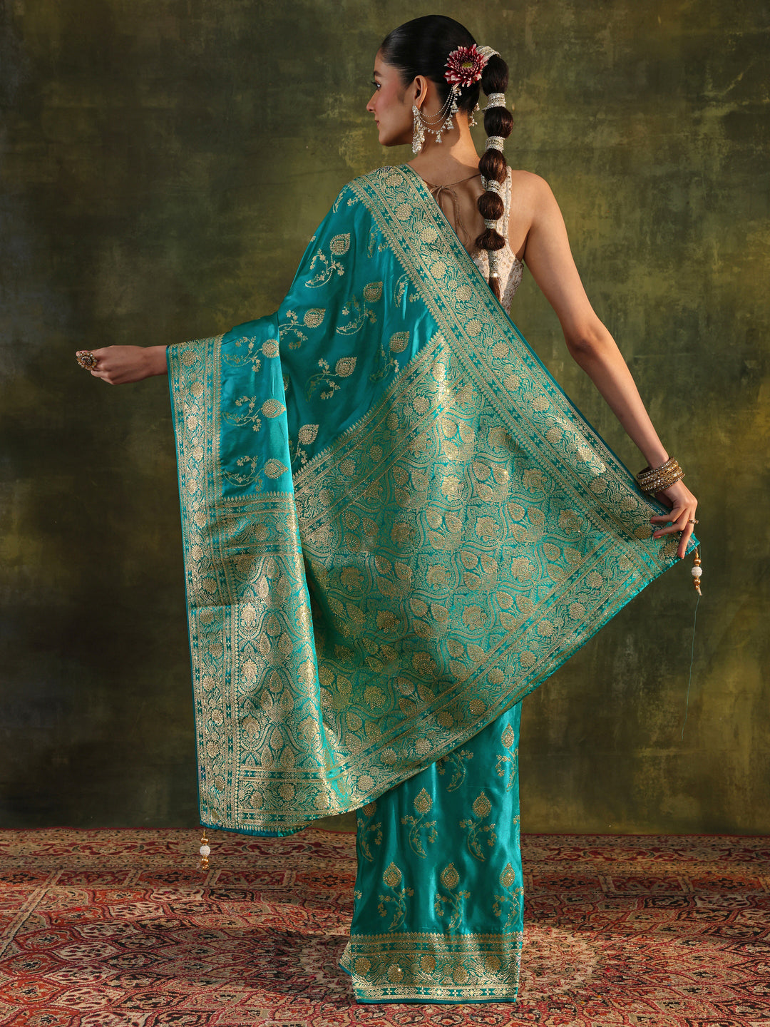  Libas Art Green Woven Design Satin Banarasi Saree With Unstitched Blouse Piece 