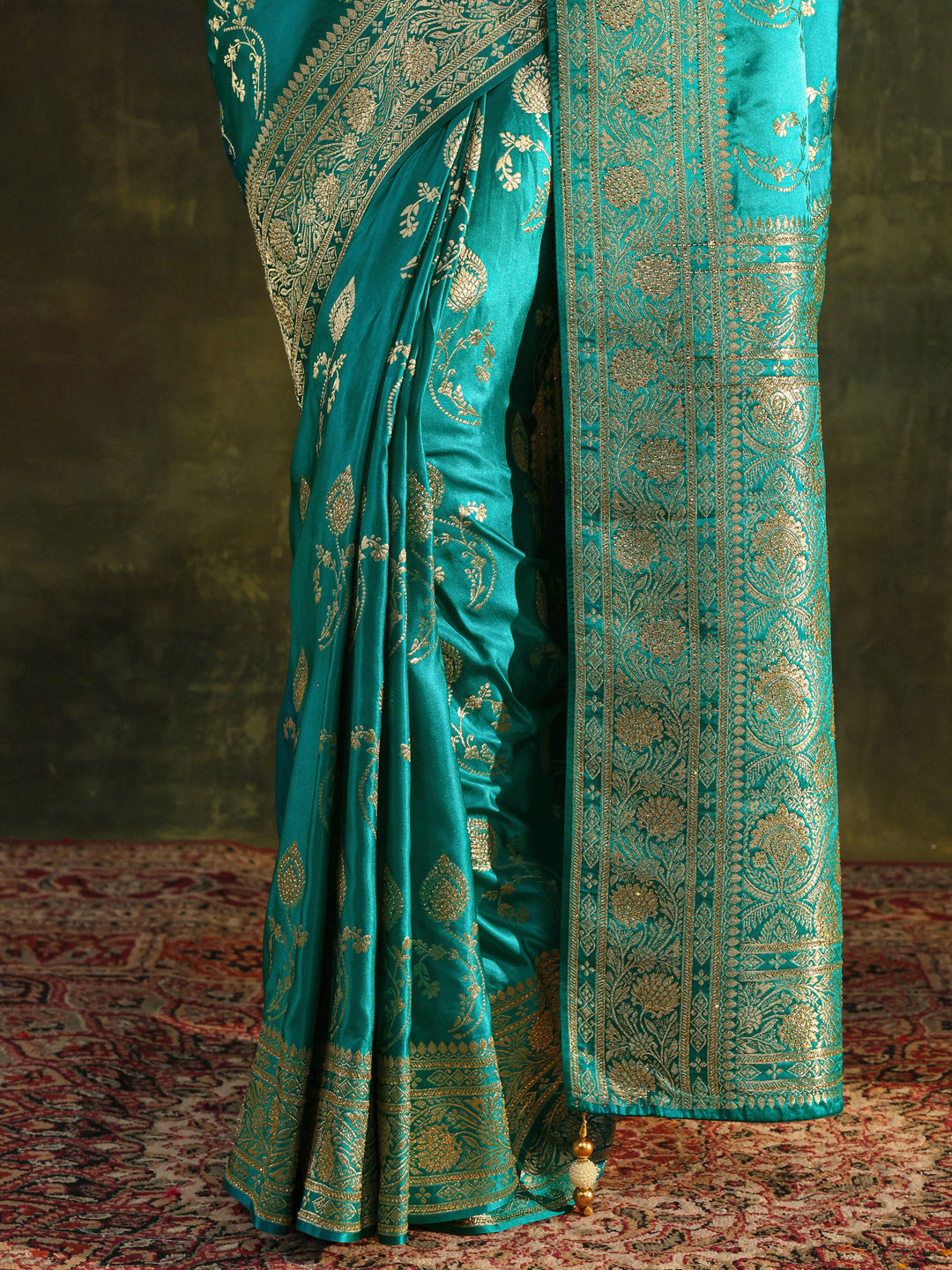  Libas Art Green Woven Design Satin Banarasi Saree With Unstitched Blouse Piece 