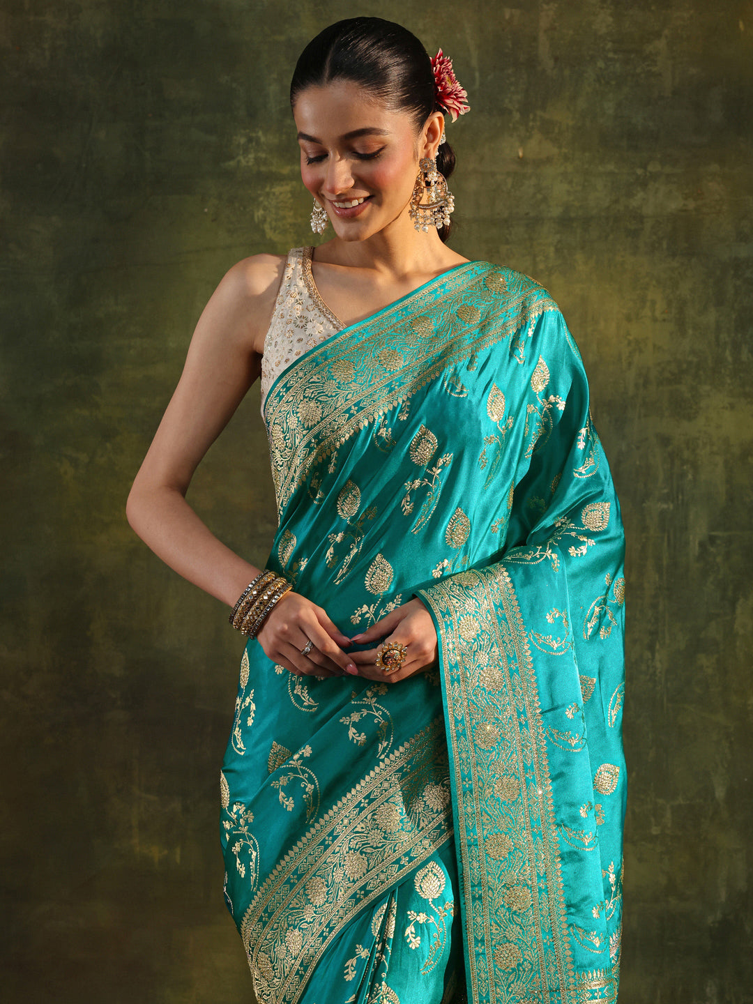  Libas Art Green Woven Design Satin Banarasi Saree With Unstitched Blouse Piece 