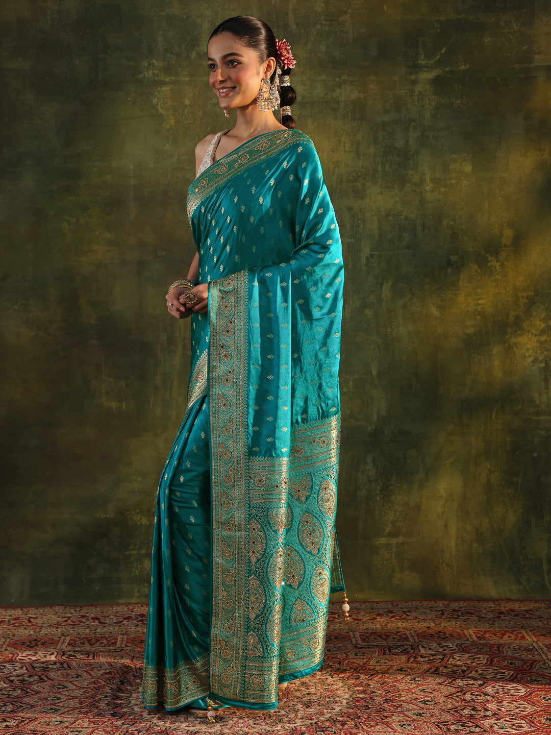  Libas Art Blue Woven Design Satin Banarasi Saree With Unstitched Blouse Piece 