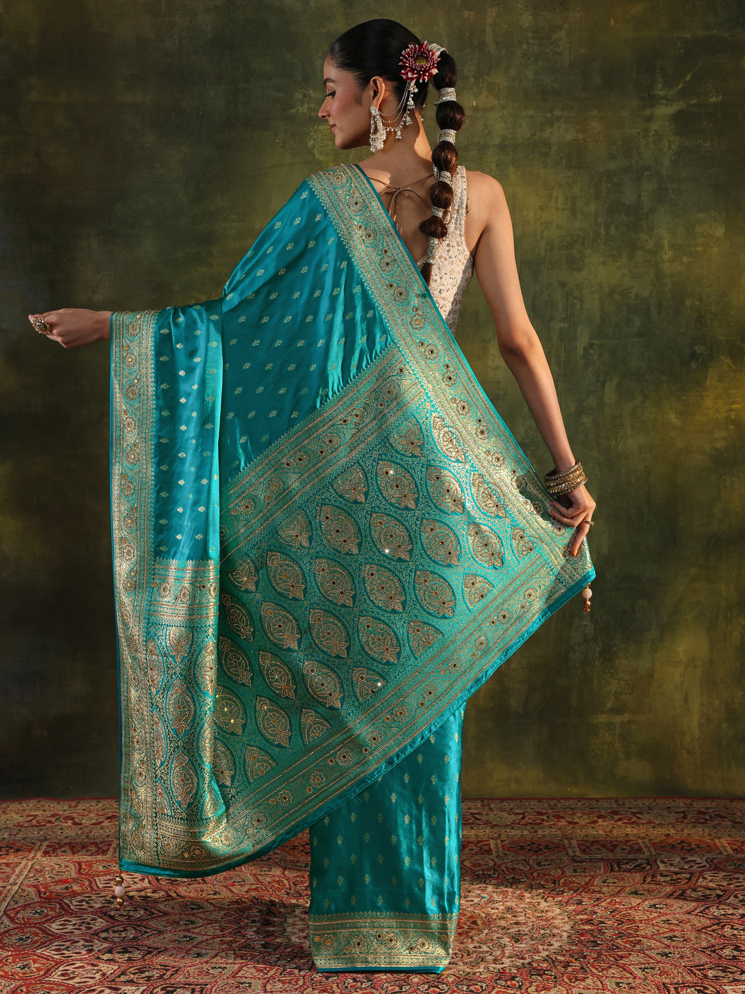  Libas Art Blue Woven Design Satin Banarasi Saree With Unstitched Blouse Piece 