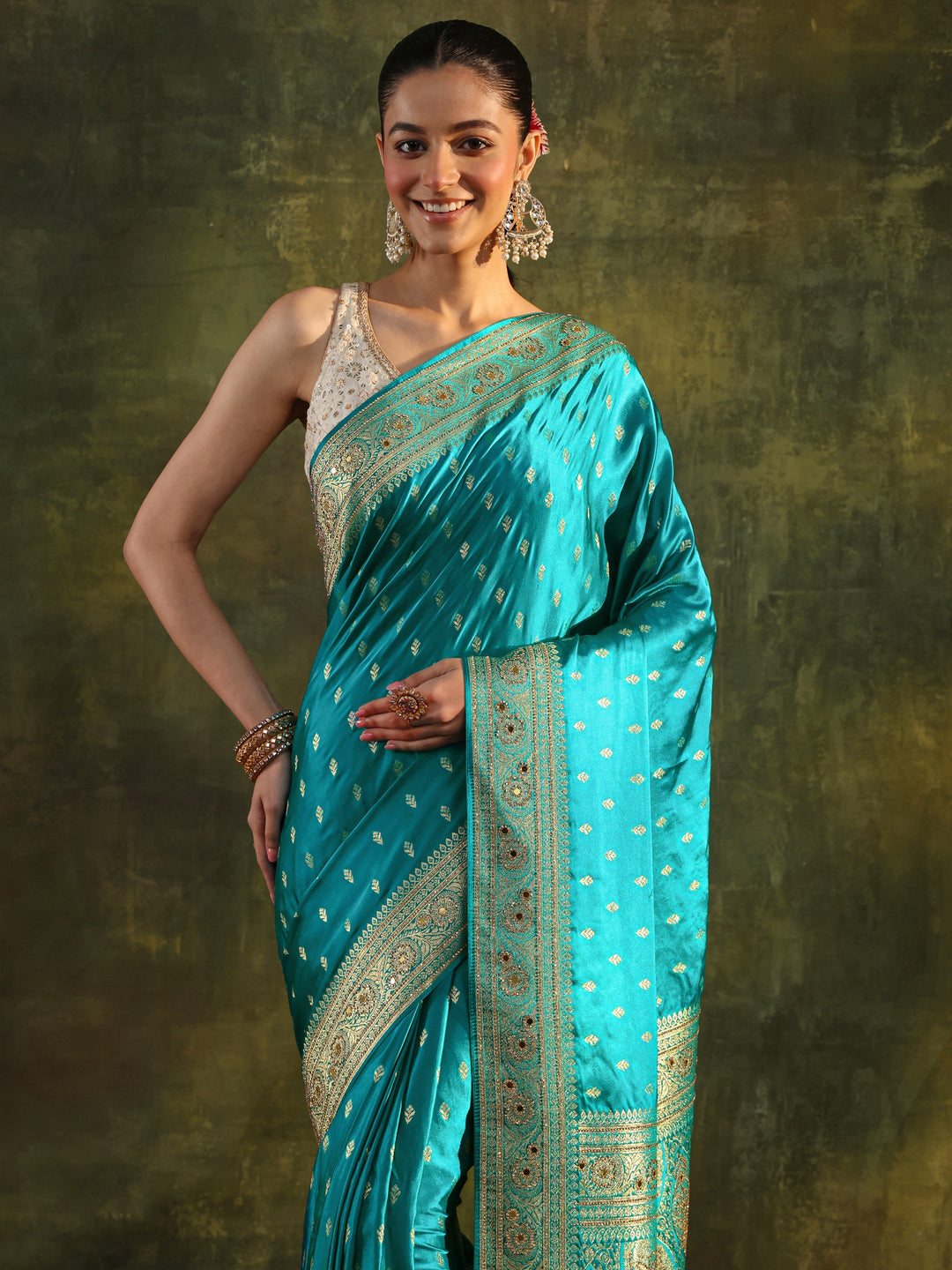  Libas Art Blue Woven Design Satin Banarasi Saree With Unstitched Blouse Piece 