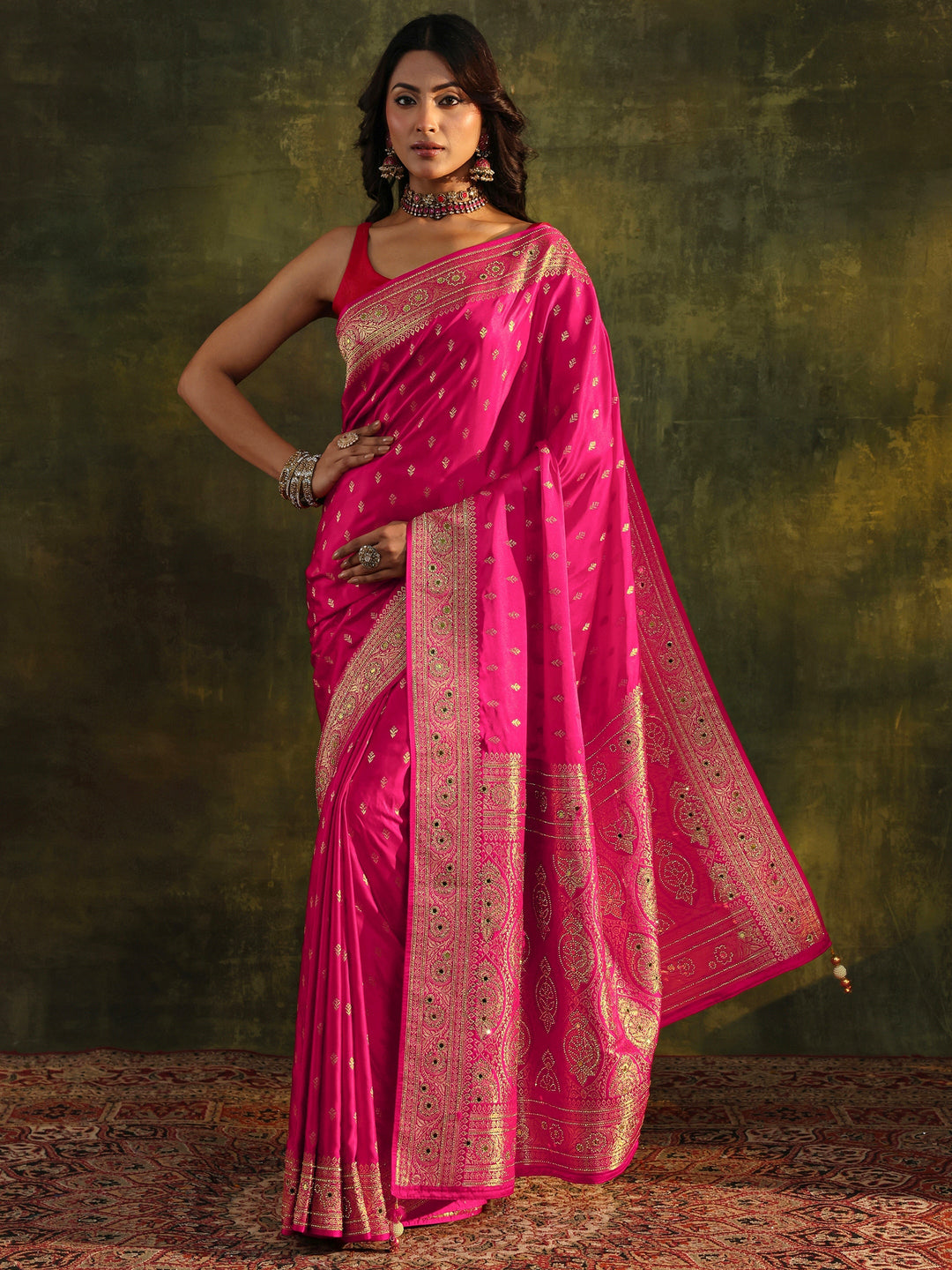  Libas Art Pink Embellished Satin Saree With Unstitched Blouse Piece 