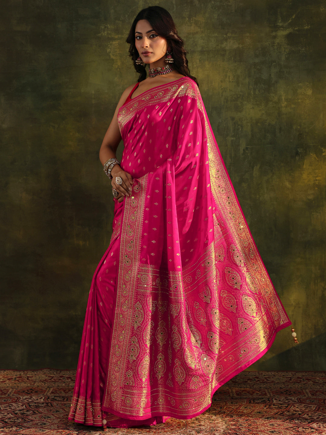  Libas Art Pink Embellished Satin Saree With Unstitched Blouse Piece 