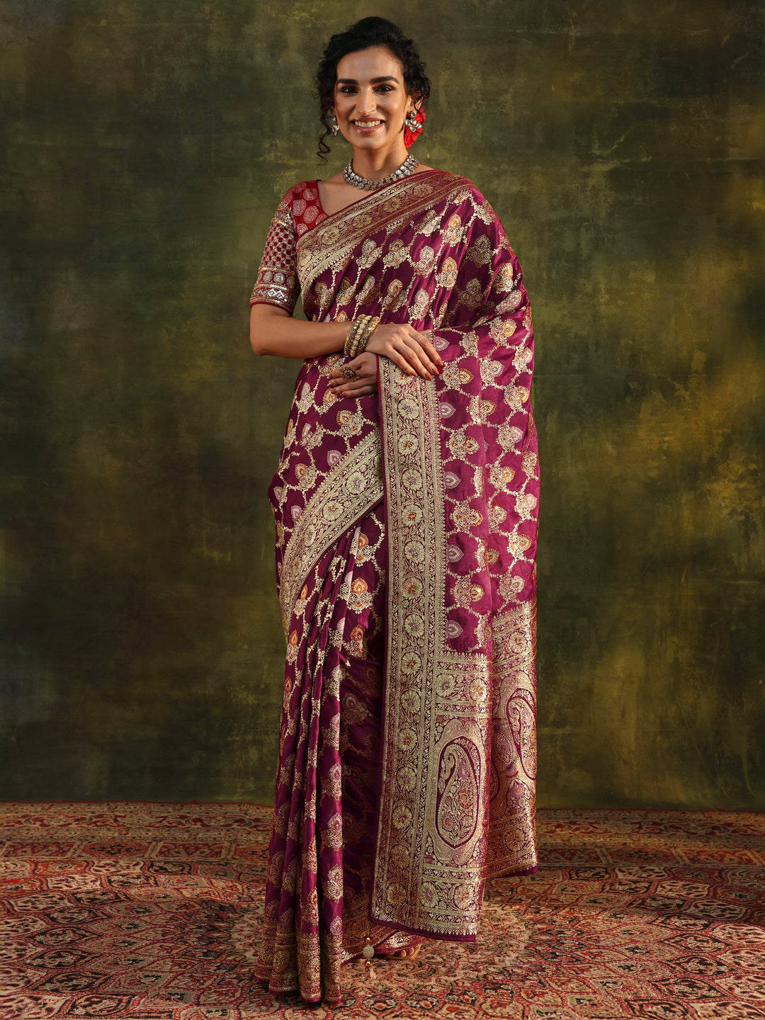  Libas Art Maroon Woven Design Silk Blend Banarasi Saree With Unstitched Blouse Piece 