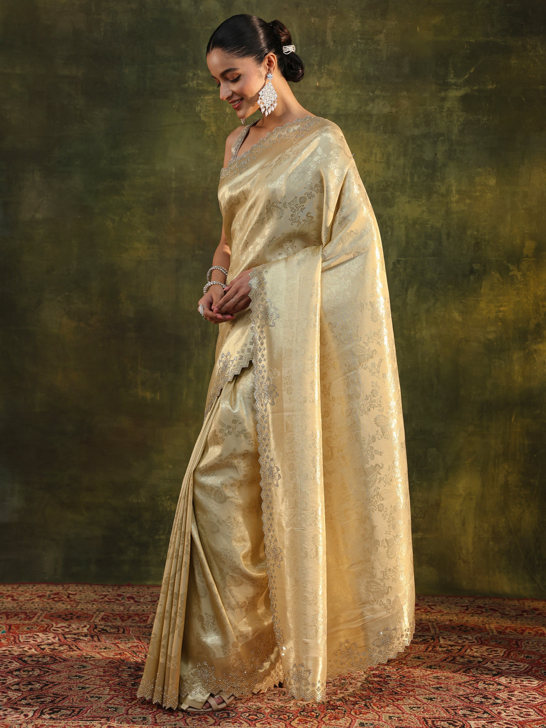  Libas Gold Floral Embellished Silk Blend Saree With Unstitched Blouse Piece 