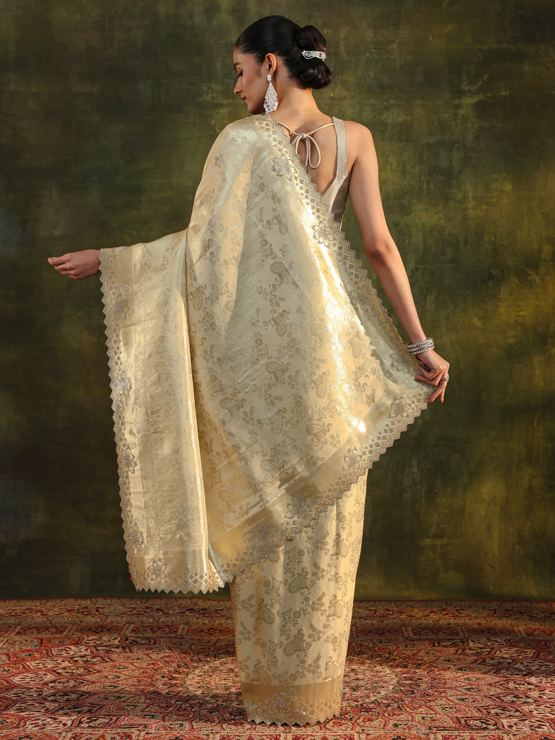  Libas Gold Floral Embellished Silk Blend Saree With Unstitched Blouse Piece 