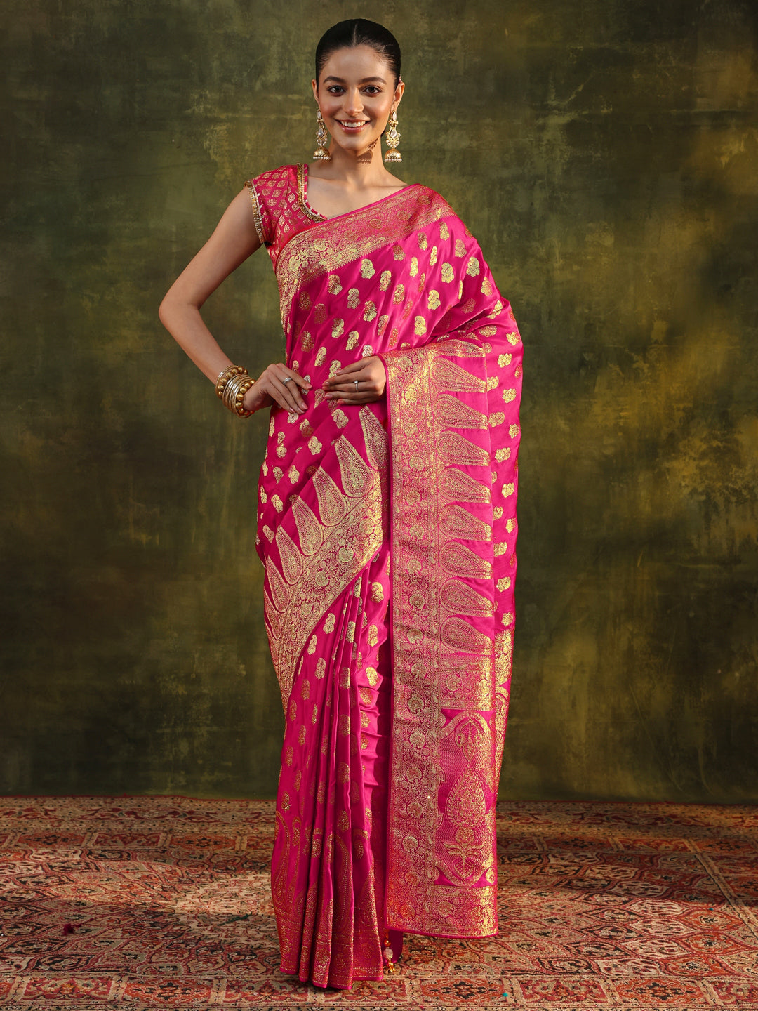  Libas Art Pink Woven Design Silk Blend Banarasi Saree With Unstitched Blouse Piece 